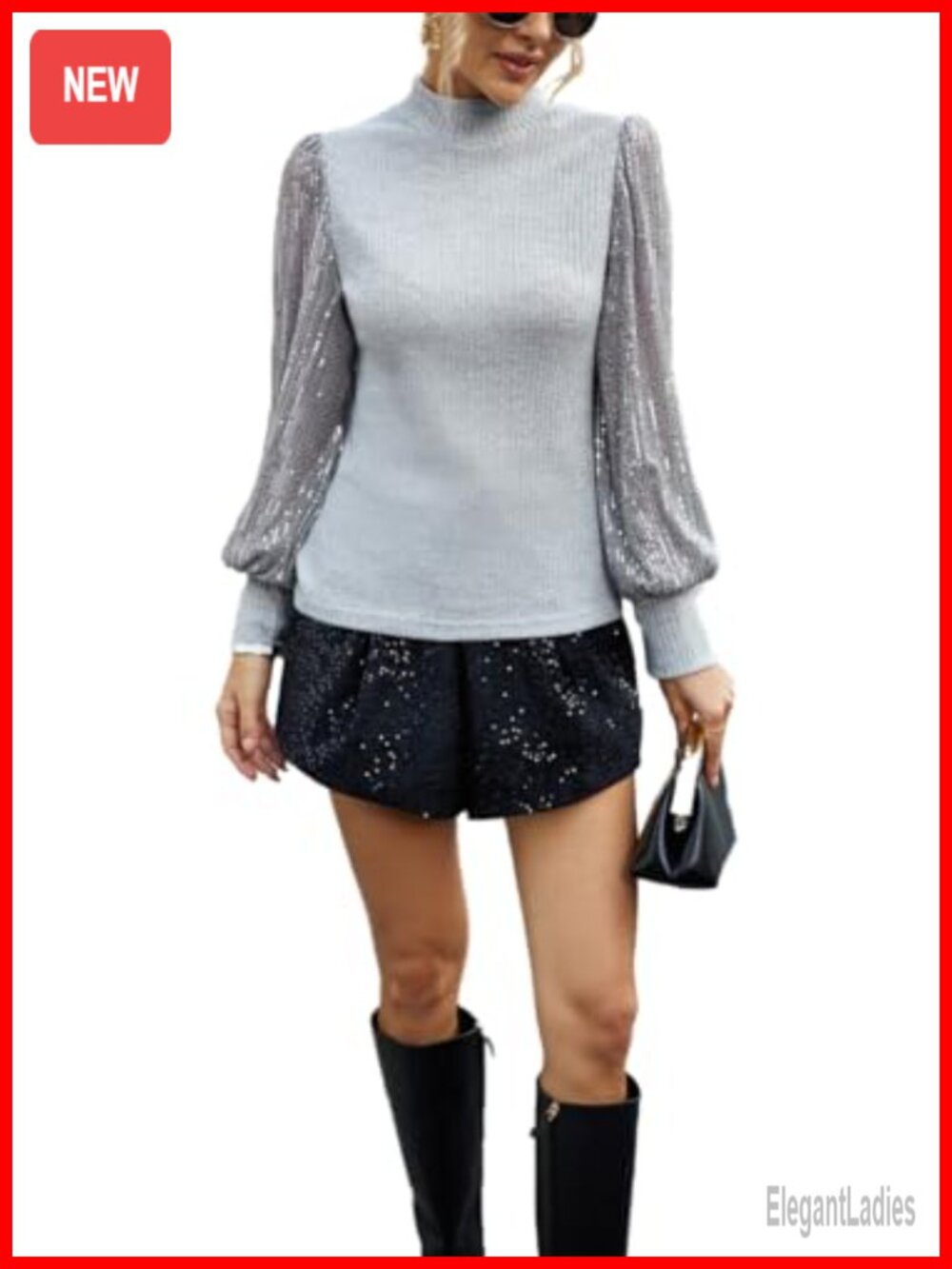 Sequin puff sleeve turtleneck ribbed knit tunic top